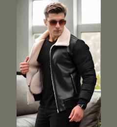 Снимка на 16456 Dewberry Faux Fur Inside Slim Fit Mens Winter Coat-BLACK-BEIGE