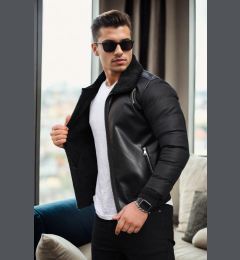 Снимка на 16456 Dewberry Faux Fur Inside Slim Fit Mens Winter Coat-BLACK-BLACK