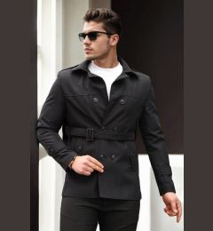 Снимка на 23058 Dewberry Lined Belted Double Breasted Mens Trenchcoat-BLACK