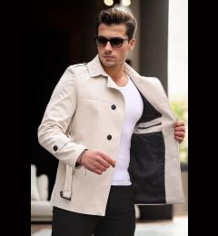 Снимка на 23058 Dewberry Lined Belted Double Breasted Mens Trenchcoat-CREAM