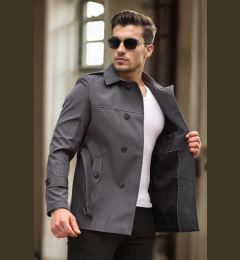 Снимка на 23058 Dewberry Lined Belted Double Breasted Mens Trenchcoat-GREY