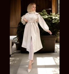 Снимка на 40345 Dewberry Belted Balloon Sleeve Women Trenchcoat-BEIGE
