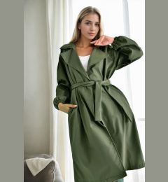 Снимка на 40345 Dewberry Belted Balloon Sleeve Women Trenchcoat-Khaki