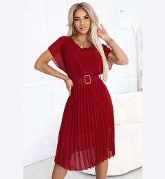 Снимка на 465-5 MIA Pleated Chiffon Midi Dress with Wide Belt - Burgundy