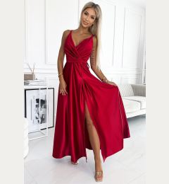 Снимка на 498-4 Long satin dress with neckline and double straps - RED