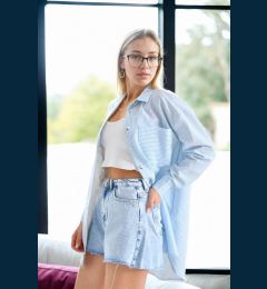 Снимка на 49999 Dewberry Blue Wrinkled Detailed Striped Women Shirt-LIGHT BLUE
