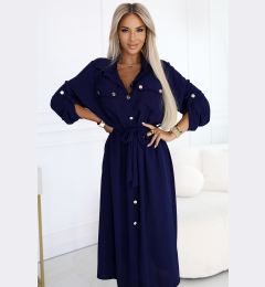 Снимка на 531-6 Midi Shirt Dress with Gold Buttons and Tie - Navy Blue