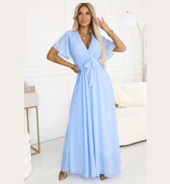 Снимка на 545-2 Long dress with pleated neckline and tie - light blue
