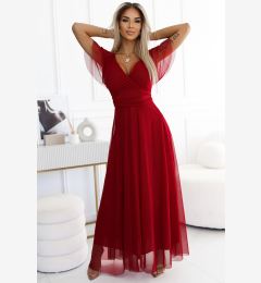 Снимка на 562-2 NASTIA Long dress with neckline and short sleeves - BORDO