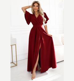 Снимка на 581-2 JENNIFER long dress with leg slit, sleeve and neckline - burgundy color