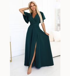 Снимка на 581-8 JENNIFER long dress with a leg slit, sleeves and a neckline - bottle green