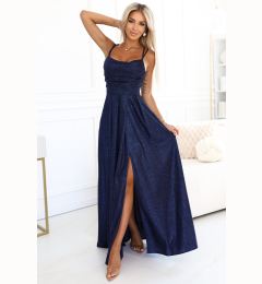 Снимка на 589-2 Long dress with subtle shimmer and corset back tie - navy blue with glitter