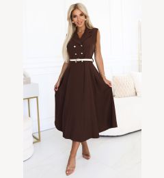 Снимка на 596-4 Elegant midi shirt dress with gold buttons and belt - chocolate