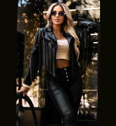 Снимка на 624-3 Short biker jacket with fringes made of soft eco leather - black