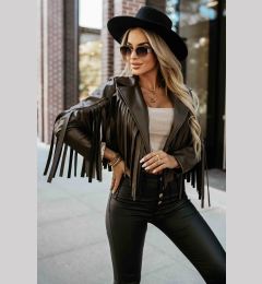 Снимка на 624-4 Short jacket with fringes made of soft eco-leather - chocolate