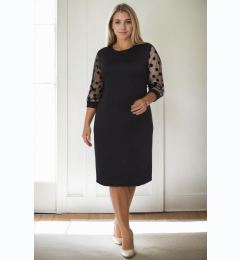 Снимка на 97062 Dewberry Polka Dot Flocked on Sleeves Plus Size Dress-BLACK