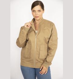 Снимка на Şans Women's Camel Plus Size Front Zippered Pocket Detailed Unlined Coat