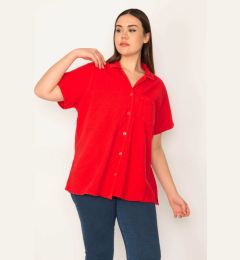 Снимка на Şans Women's Plus Size Red Tops Collar Short Sleeve Shirt with Buttons