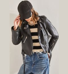 Снимка на Bianco Lucci Women's Leather Jacket with Epaulettes, Zippered Sleeves and Belt