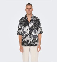 Снимка на Black men's patterned shirt with linen blend ONLY & SONS Bud - Men's