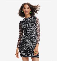 Снимка на Black Women Patterned Pencil Mini Dress Desigual Lettering - Women