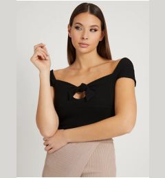 Снимка на Black Women's Ribbed Cropped T-Shirt with Bow Guess Valeriana - Women