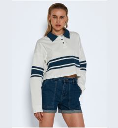 Снимка на Blue and White Cropped T-Shirt with Collar Noisy May Abi - Women