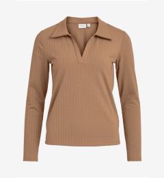 Снимка на Brown ribbed T-shirt with collar VILA Nobella - Women