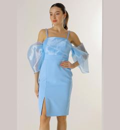 Снимка на By Saygı Bead Detail Strap Organza Low Sleeve Lined Crepe Dress