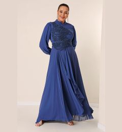 Снимка на By Saygı Bead Embroidered Lined Flounce Front Plus Size Long Chiffon Dress