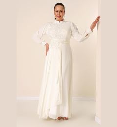 Снимка на By Saygı Beaded Embroidered Lined Plus Size Long Chiffon Dress with Flounce on the Front