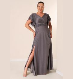 Снимка на By Saygı Double Breasted Neck Front Draped Lined Plus Size Long Silvery Dress with Flounce Slit on the Sleeves
