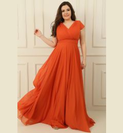 Снимка на By Saygı Double Breasted Neck Lined Nail Sleeve Full Circle Flared Chiffon Tulle Plus Size Long Dress