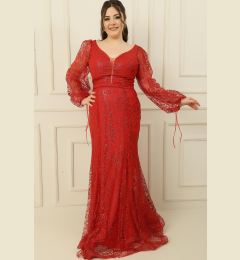 Снимка на By Saygı Front Back V-Neck Glittery Flock Print Plus Size Long Dress