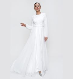 Снимка на By Saygı Lined Long Chiffon Dress Ecru with Gathered Waist Belt