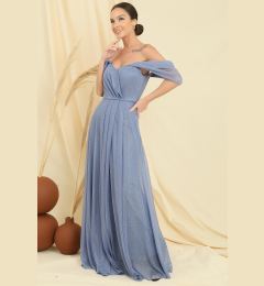 Снимка на By Saygı Low Sleeve Lined Skirt Pleated Silvery Long Tulle Dress