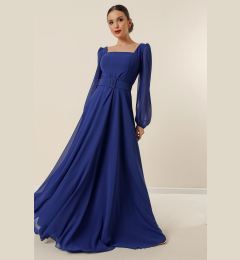 Снимка на By Saygı Square Neck Belted Waist Lined Chiffon Long Evening Dress