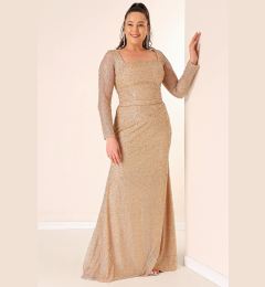 Снимка на By Saygı Square Neck Lined Plus Size Long Dress with Cut Stones