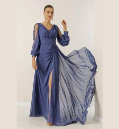 Снимка на By Saygı V-Neck Long Evening Chiffon Dress with Draping and Lined Sleeves.