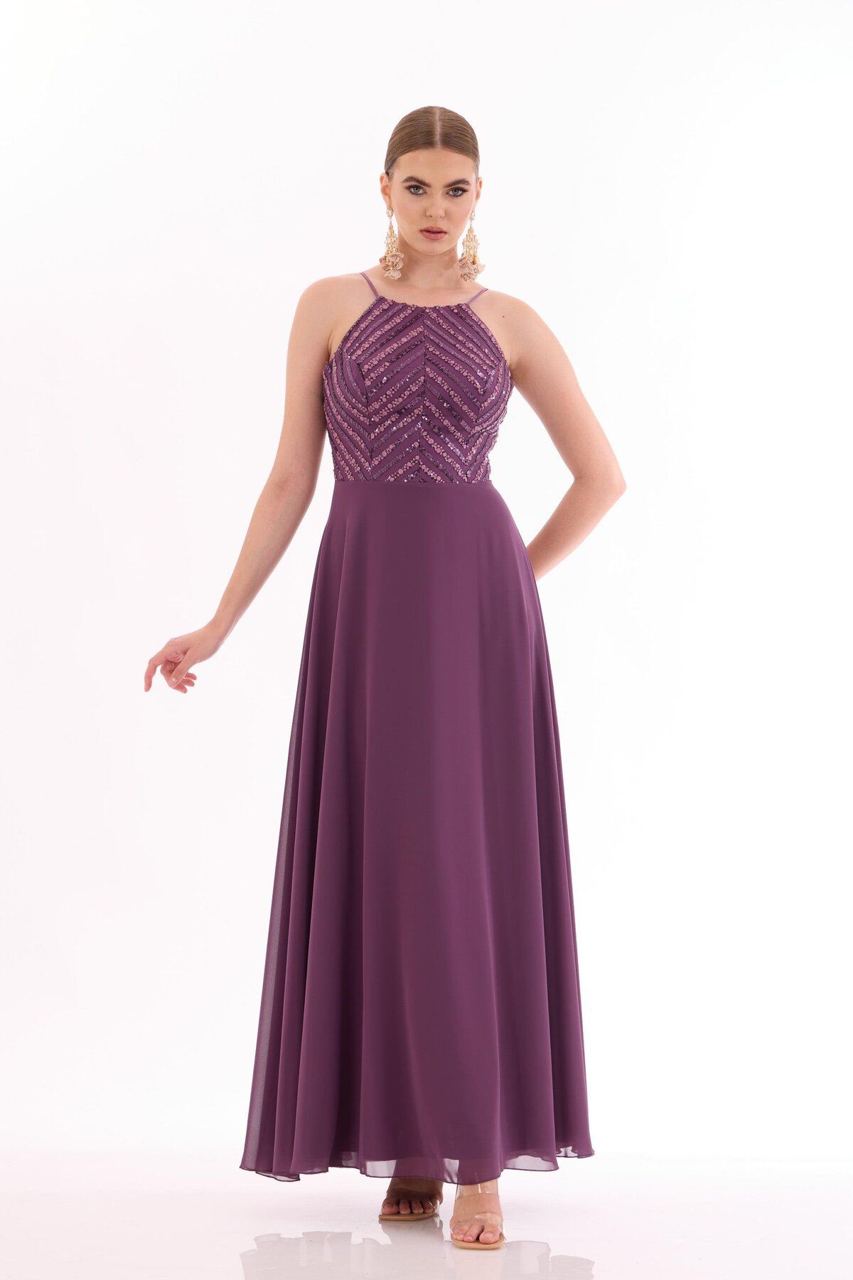 Снимка на Carmen Plum Halter Sequined Long Evening Dress.