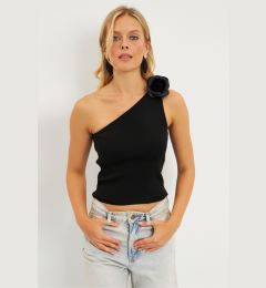 Снимка на Cool & Sexy Women's Black Knitwear Blouse with Rose Accessories ET02
