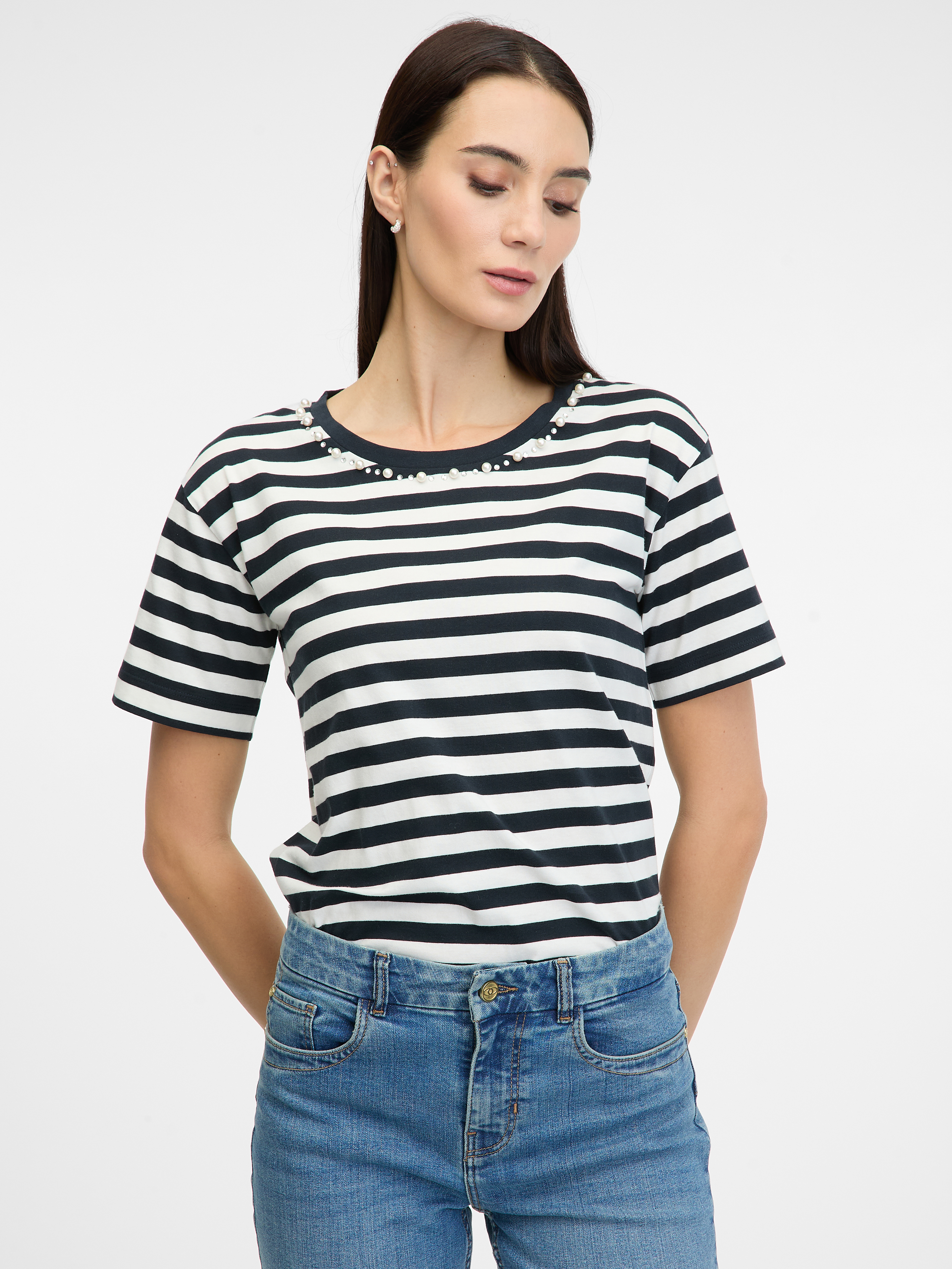 Снимка на Dark blue striped women's T-shirt with short sleeves ORSAY - Women's