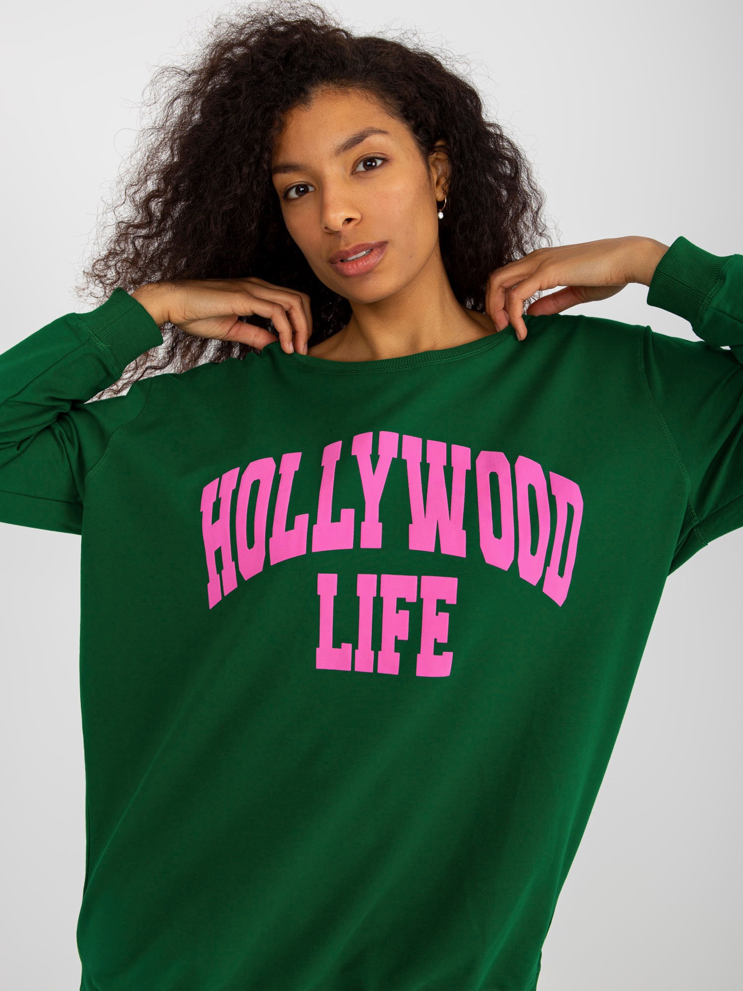 Снимка на Dark green and pink oversize long sweatshirt with slogan