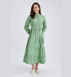 Снимка на DEFACTO екипажа врата основни колан дълъг ръкав Poplin Макси рокля