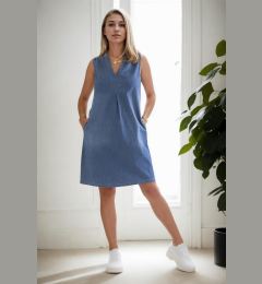 Снимка на E1342 Dewberry Womens Washed Cotton Blue Denim Dress-BLUE