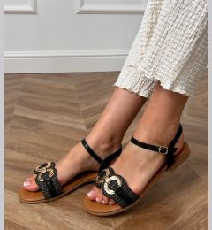 Снимка на Gemre Black flat sandals with a gold Melona ornament