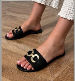 Снимка на Gemre Black flip-flops with a gold ornament on the strap Vilnos