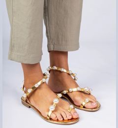 Снимка на Gemre Golden women's sandals adorned with pearls Sarino