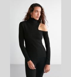 Снимка на GRIMELANGE Sandy Women's Irregular Ribbed Stretch Fabric One-Shoulder Black Blouse