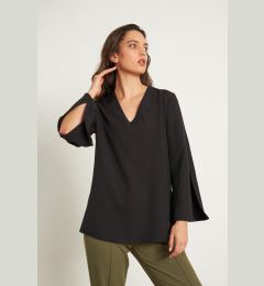 Снимка на Gusto V-Neck Slit Blouse - Black